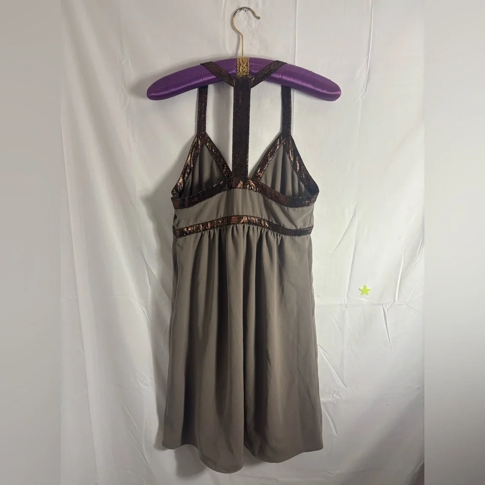 Brown Babydoll Empire Waist Metallic Copper High‎ Lo Boho Mini Dress Size M
